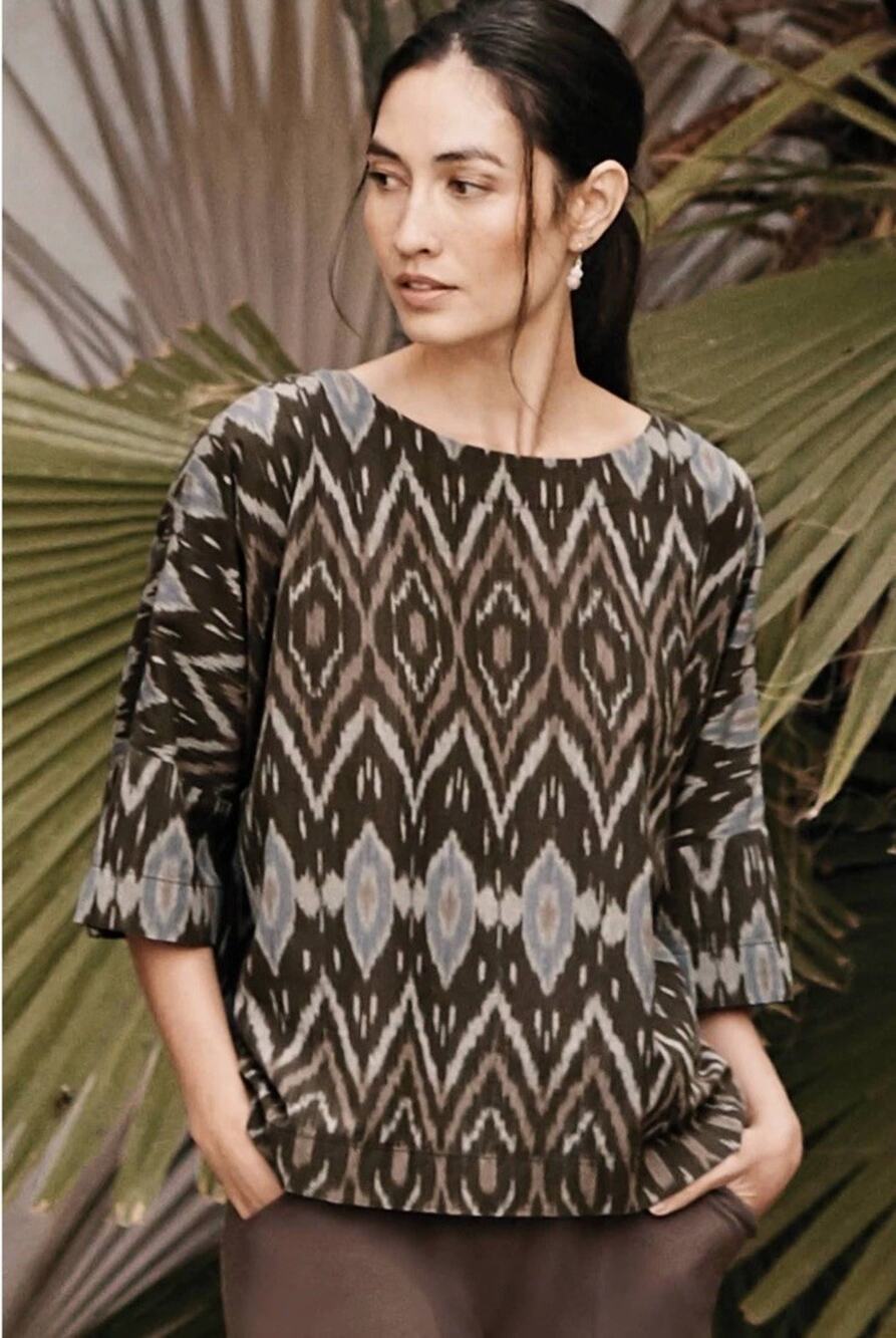 J.Jill Size Large OVERSIZED Relaxed Pure Jill Woven Ikat Kimono Top Brown